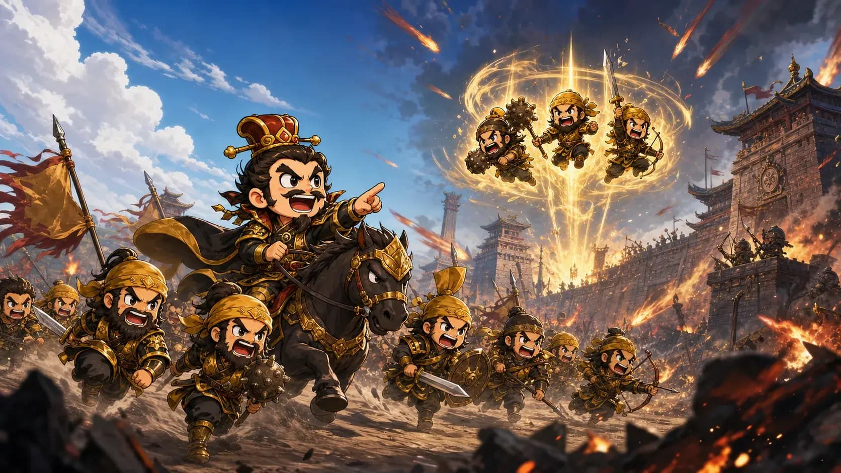 Chibi Three Kingdoms generals merging into battle