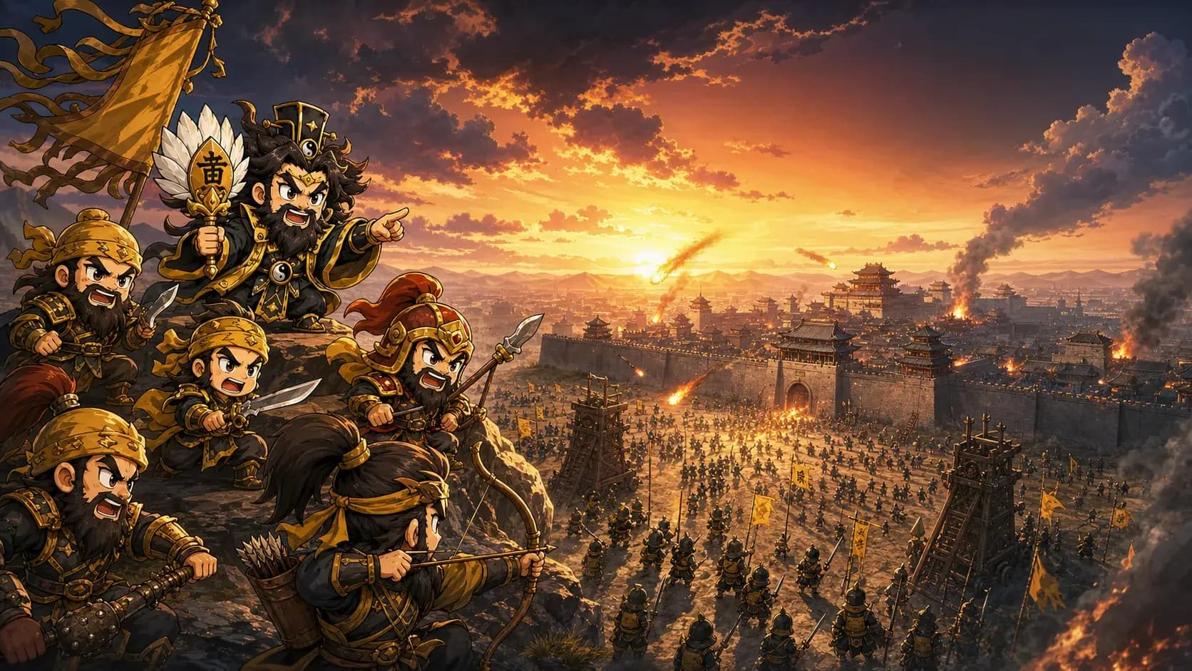A Three Kingdoms city siege at sunset