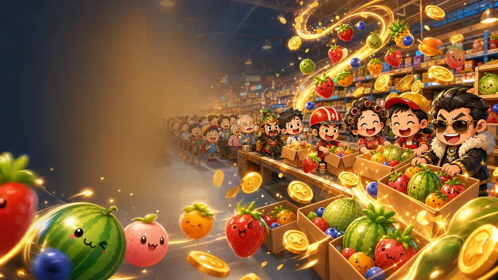 Coin cascades and a customer queue during rush hour