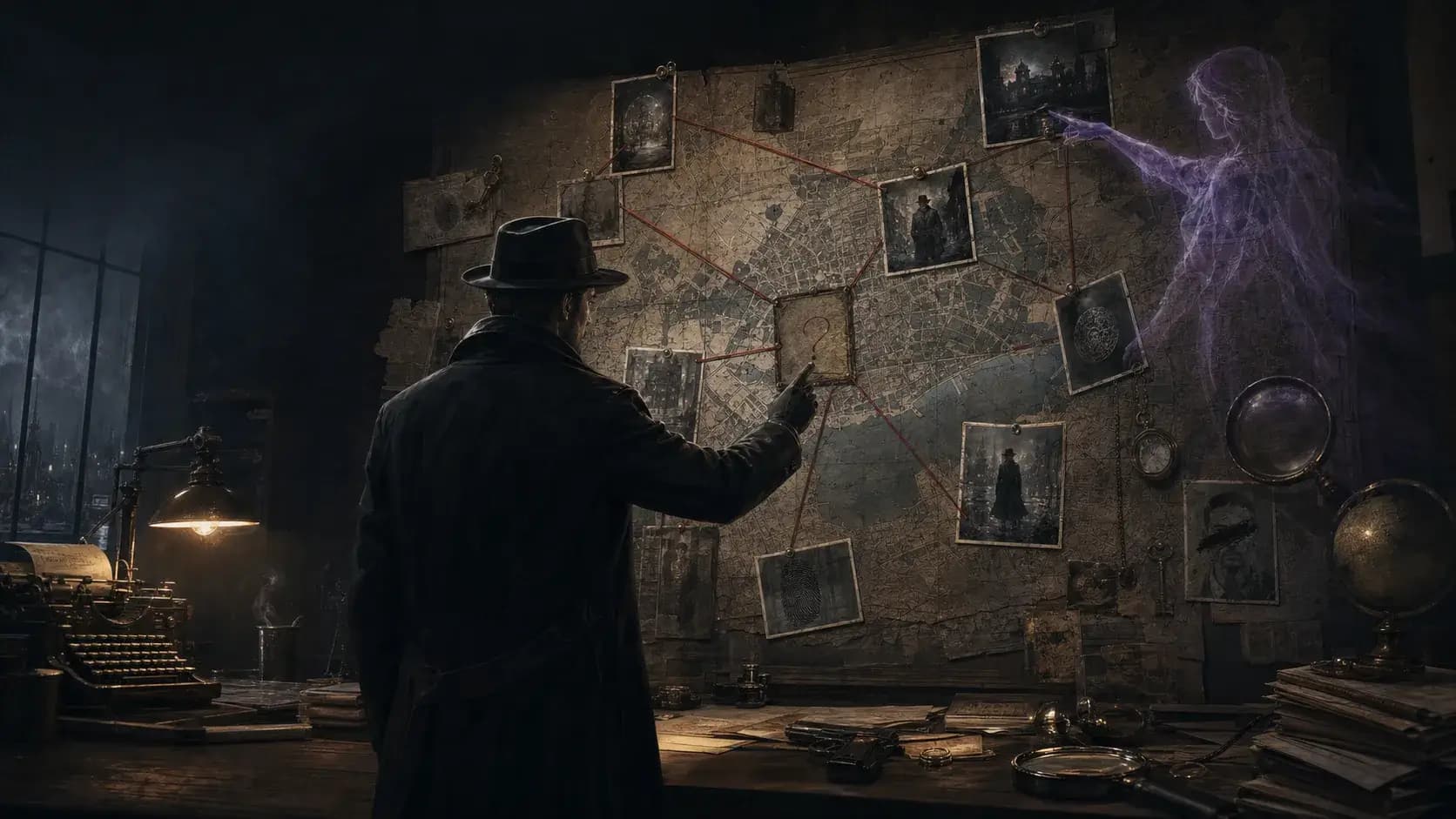 A detective and spirit echo facing an evidence wall