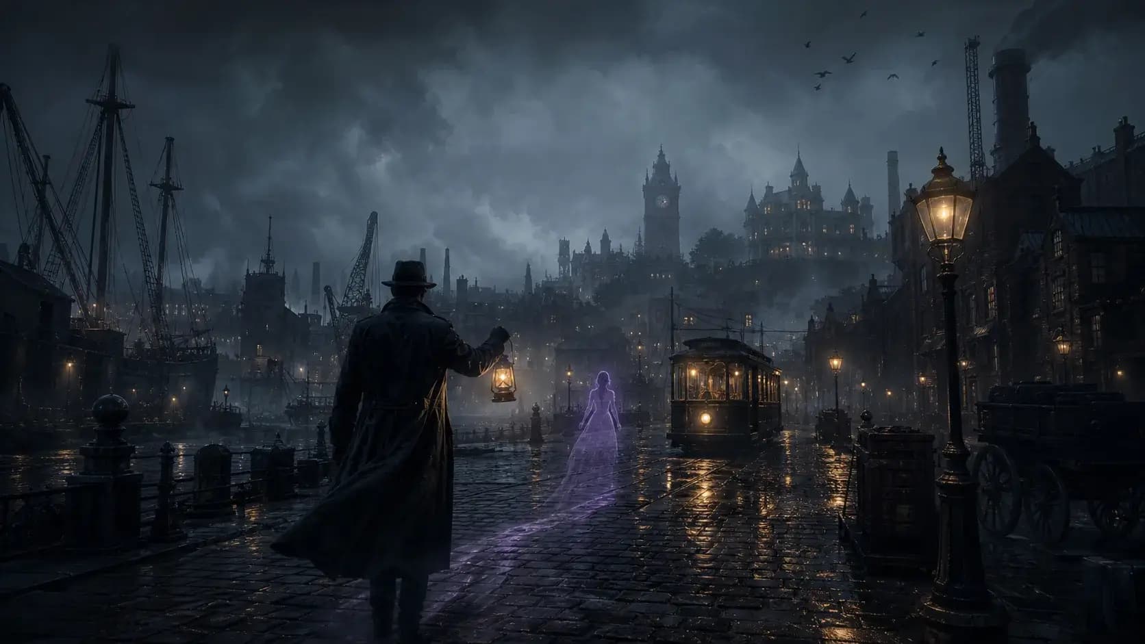 A detective following a spirit through the rainy fog port