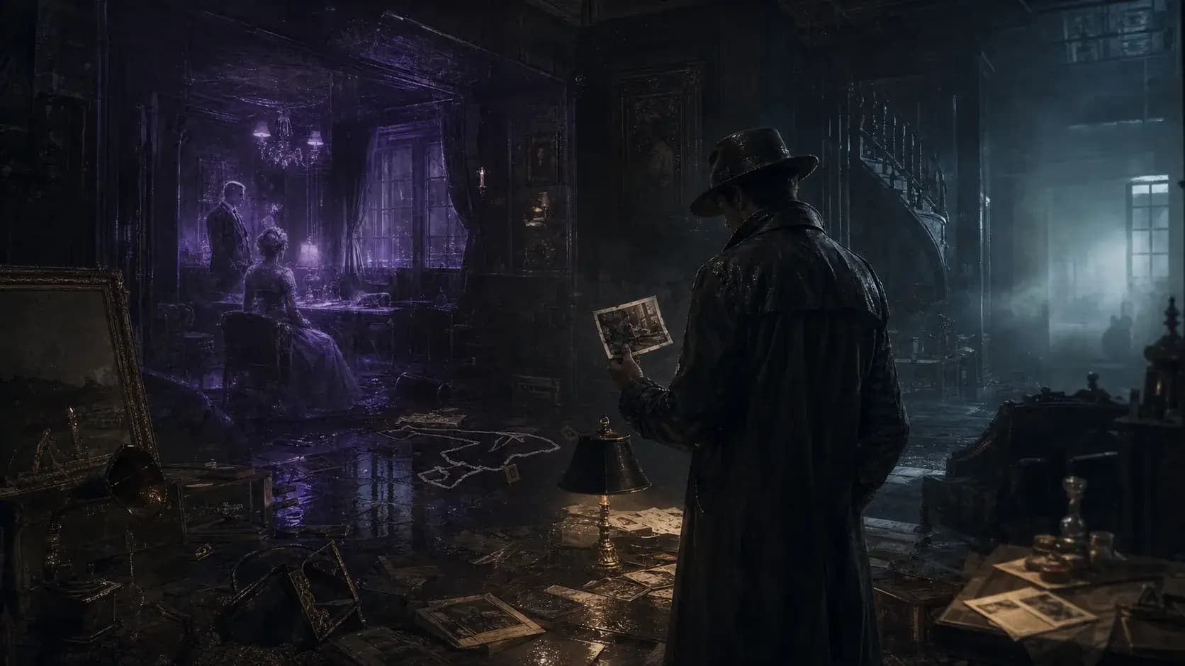 A detective tracing a spirit echo at an old mansion